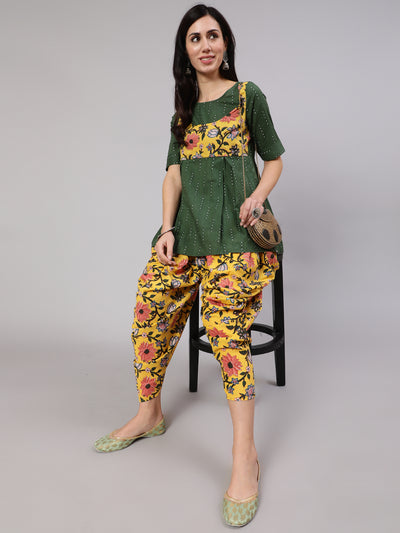 Green & Yellow Floral Print Dhoti Co Ord Set