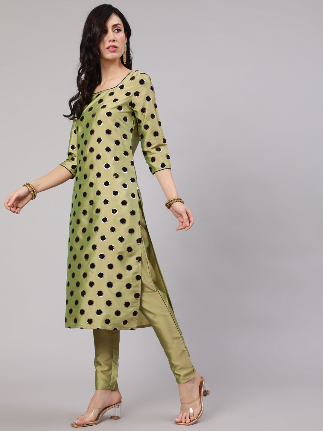 Green Flock Zari Print Straight Kurta With Pant