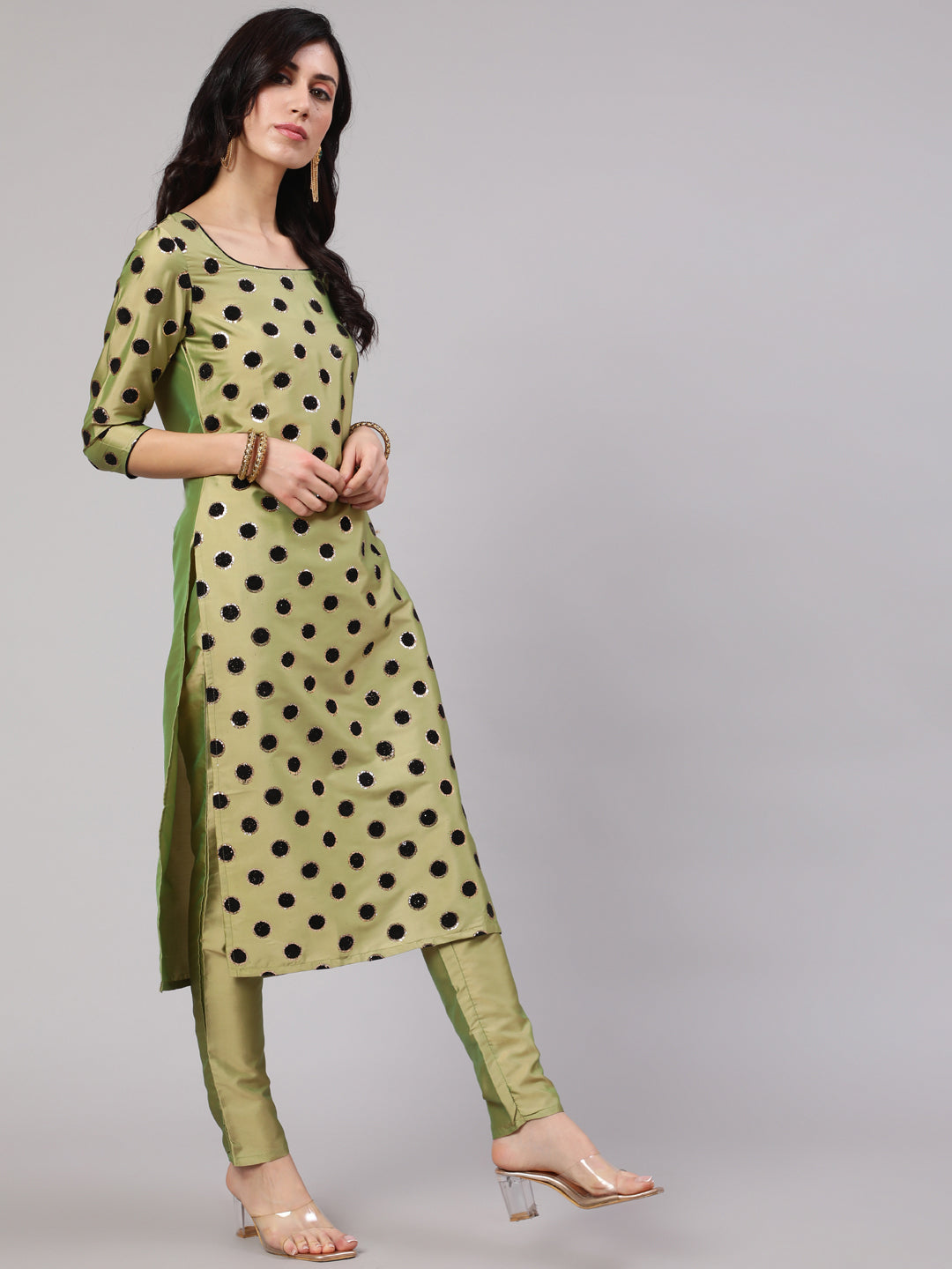 Green Flock Zari Print Straight Kurta With Pant