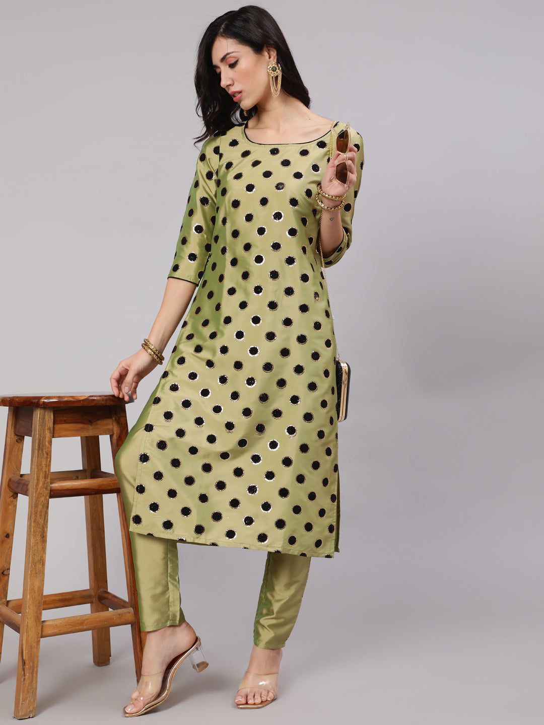 Green Flock Zari Print Straight Kurta With Pant