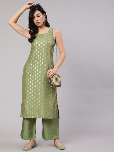 Green Foil Print Straight Kurta With Palazzo