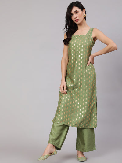 Green Foil Print Straight Kurta With Palazzo