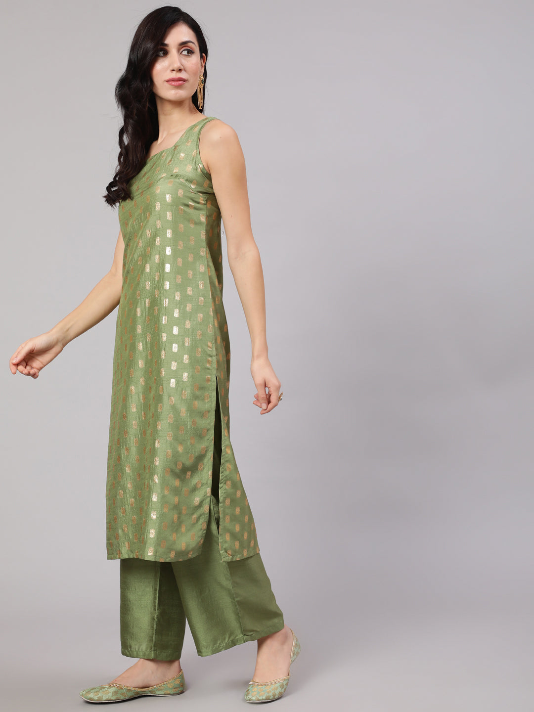 Green Foil Print Straight Kurta With Palazzo