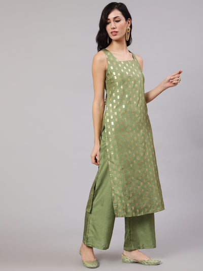 Green Foil Print Straight Kurta With Palazzo