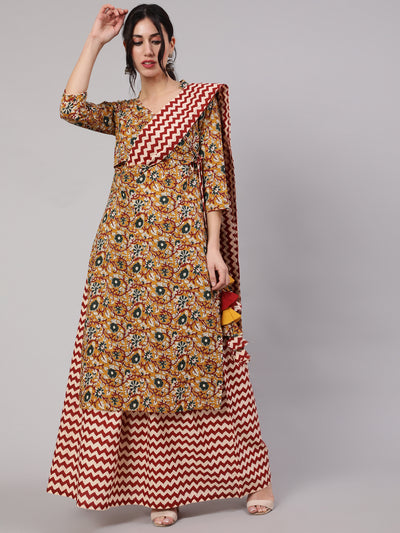 Mustard Floral Printed Kurta Skirt With Dupatta