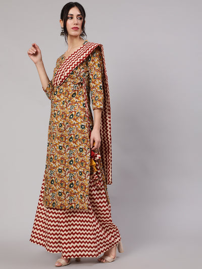 Mustard Floral Printed Kurta Skirt With Dupatta