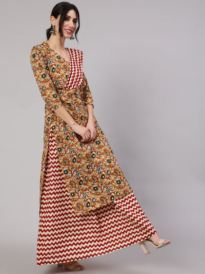 Mustard Floral Printed Kurta Skirt With Dupatta