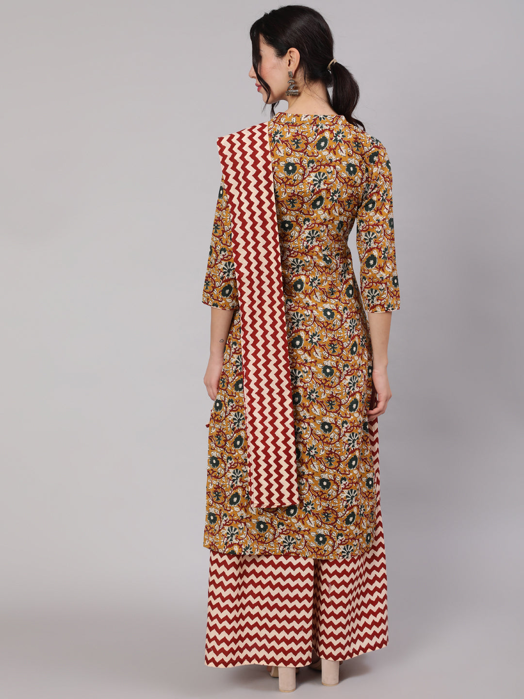 Mustard Floral Printed Kurta Skirt With Dupatta
