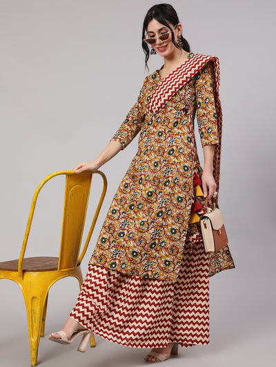Mustard Floral Printed Kurta Skirt With Dupatta