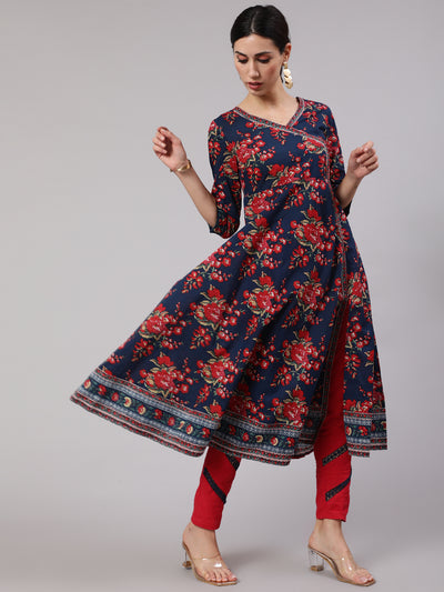 Navy Blue Floral Print Anarkali Pant With Dupatta