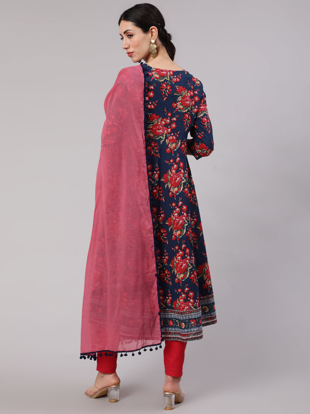 Navy Blue Floral Print Anarkali Pant With Dupatta