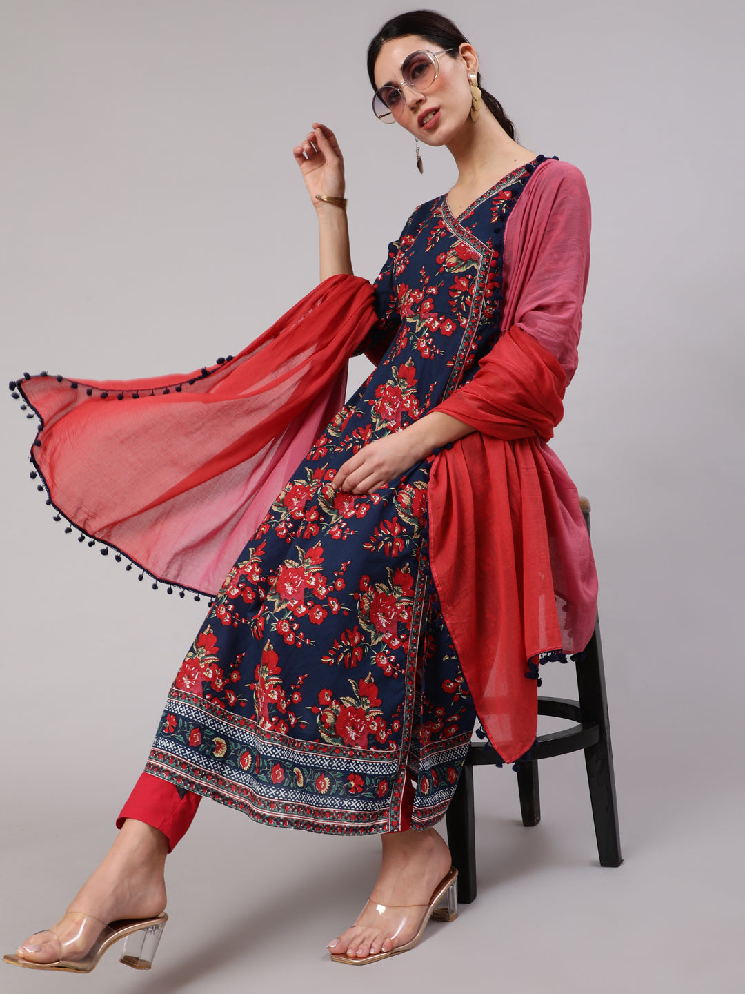 Navy Blue Floral Print Anarkali Pant With Dupatta