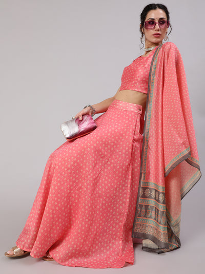 Pink Bandhani Print Lehenga Choli With Dupatta Set