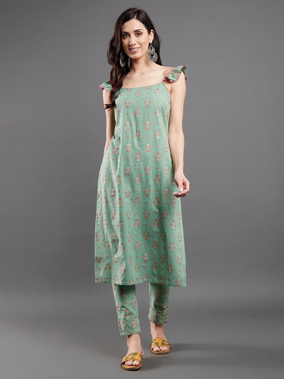 Sea Green Floral Print Kurta With Pant