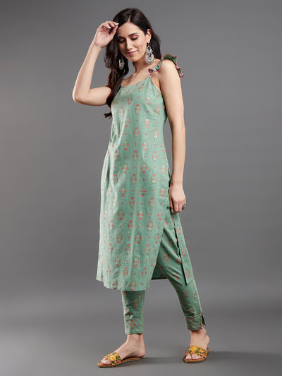 Sea Green Floral Print Kurta With Pant