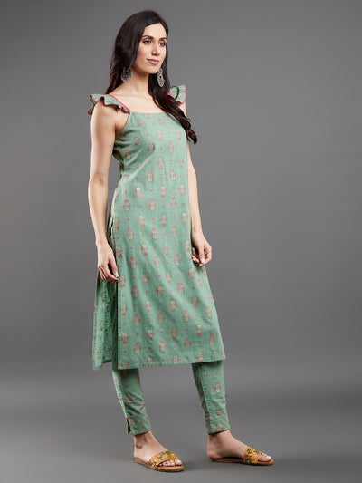 Sea Green Floral Print Kurta With Pant