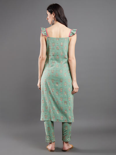 Sea Green Floral Print Kurta With Pant