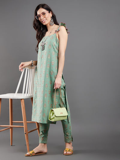 Sea Green Floral Print Kurta With Pant