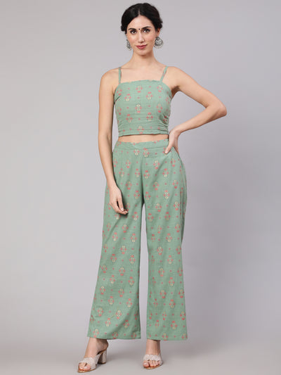 Sea Green Floral Co Ord Set With Jacket