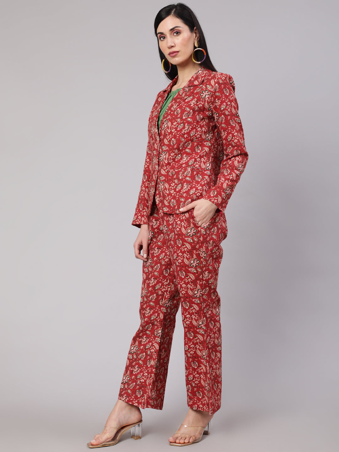 Red Floral Kantha Co Ord Set