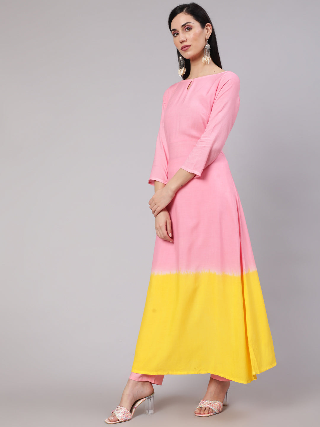 Pink & Yellow Kurta Palazzo With Dupatta