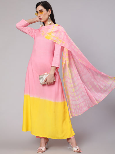 Pink & Yellow Kurta Palazzo With Dupatta