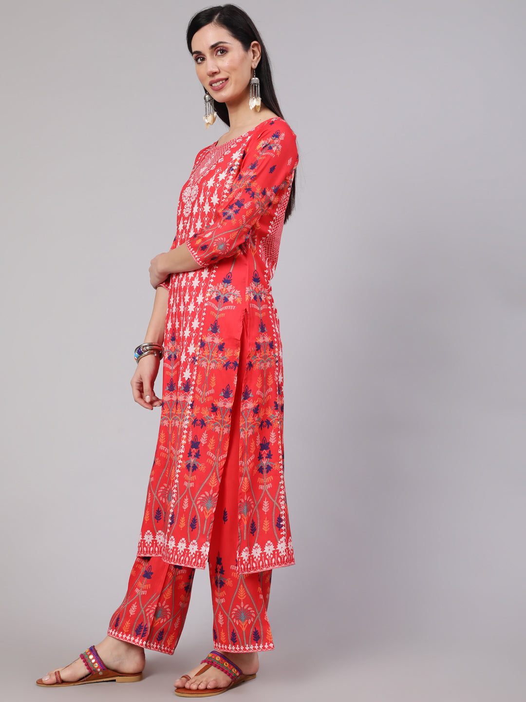 Red Digital Print Kurta Palazzo With Dupatta