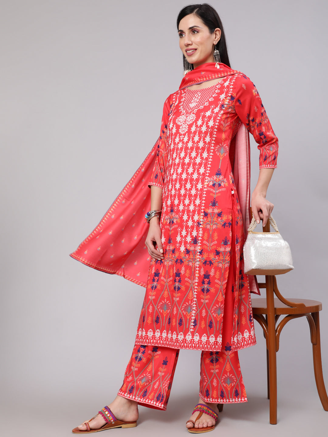 Red Digital Print Kurta Palazzo With Dupatta