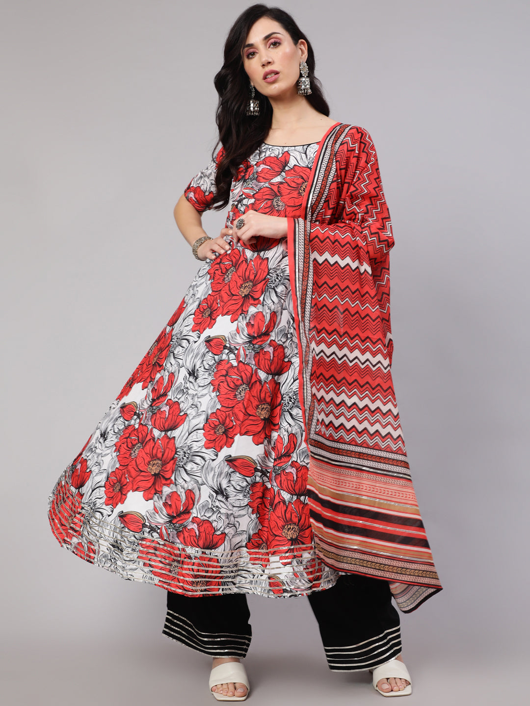 White & Red Floral Print Anarkali Palazzo With Dupatta