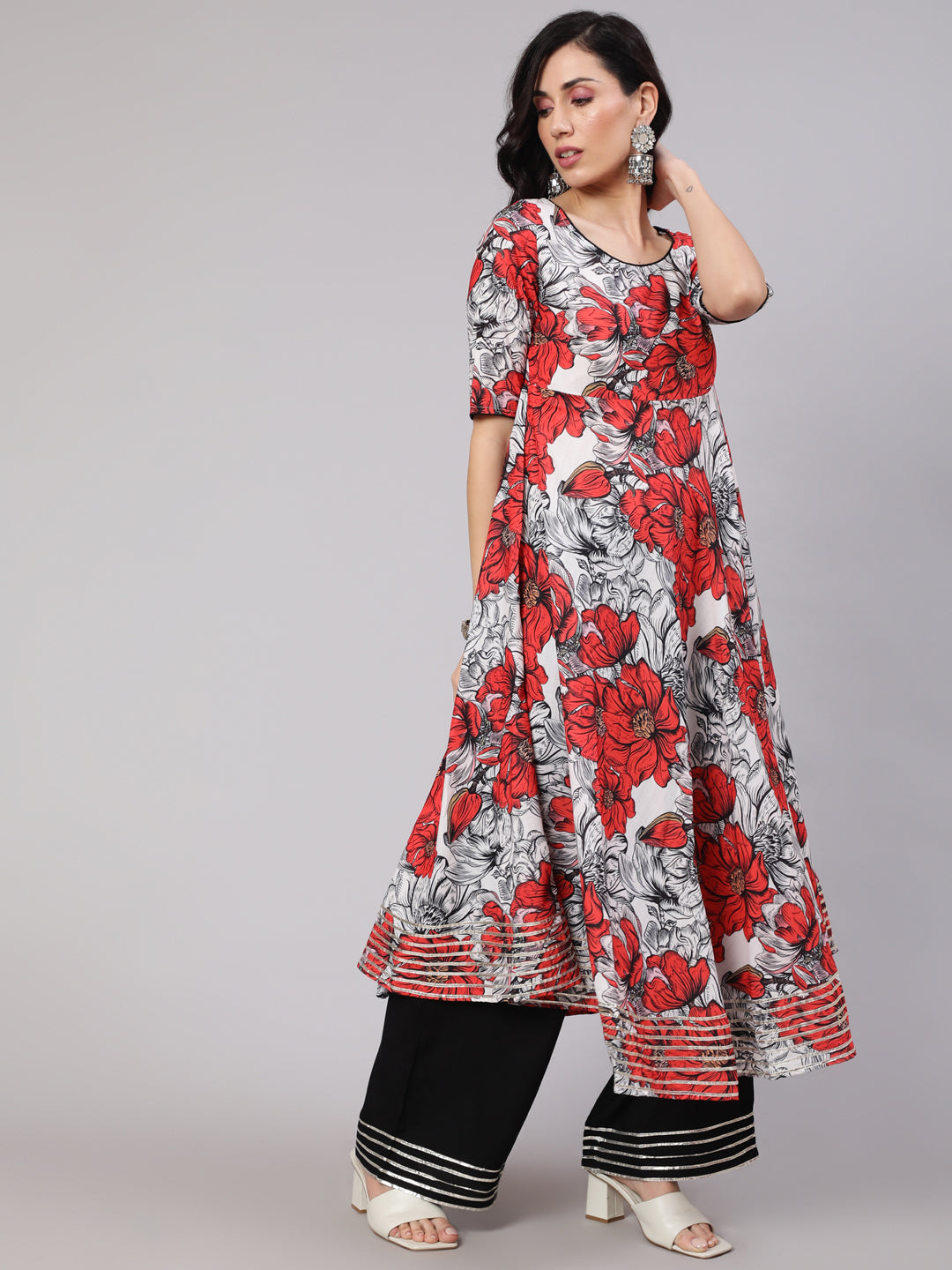 White & Red Floral Print Anarkali Palazzo With Dupatta