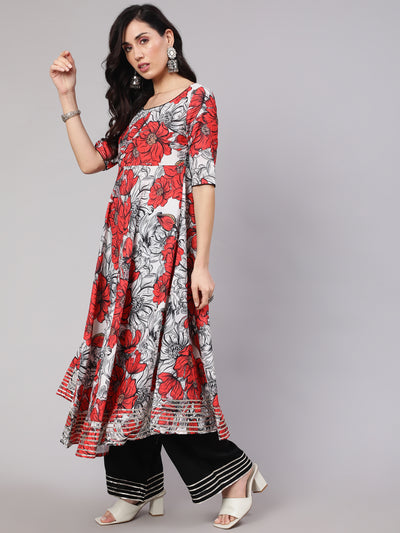 White & Red Floral Print Anarkali Palazzo With Dupatta