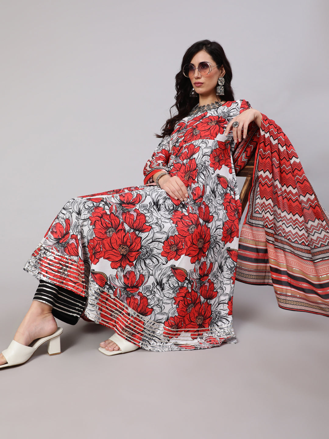 White & Red Floral Print Anarkali Palazzo With Dupatta