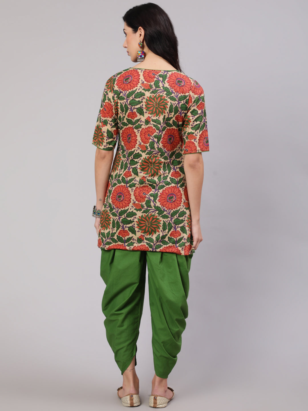 Beige Floral Print Kurta With Dhoti Pant