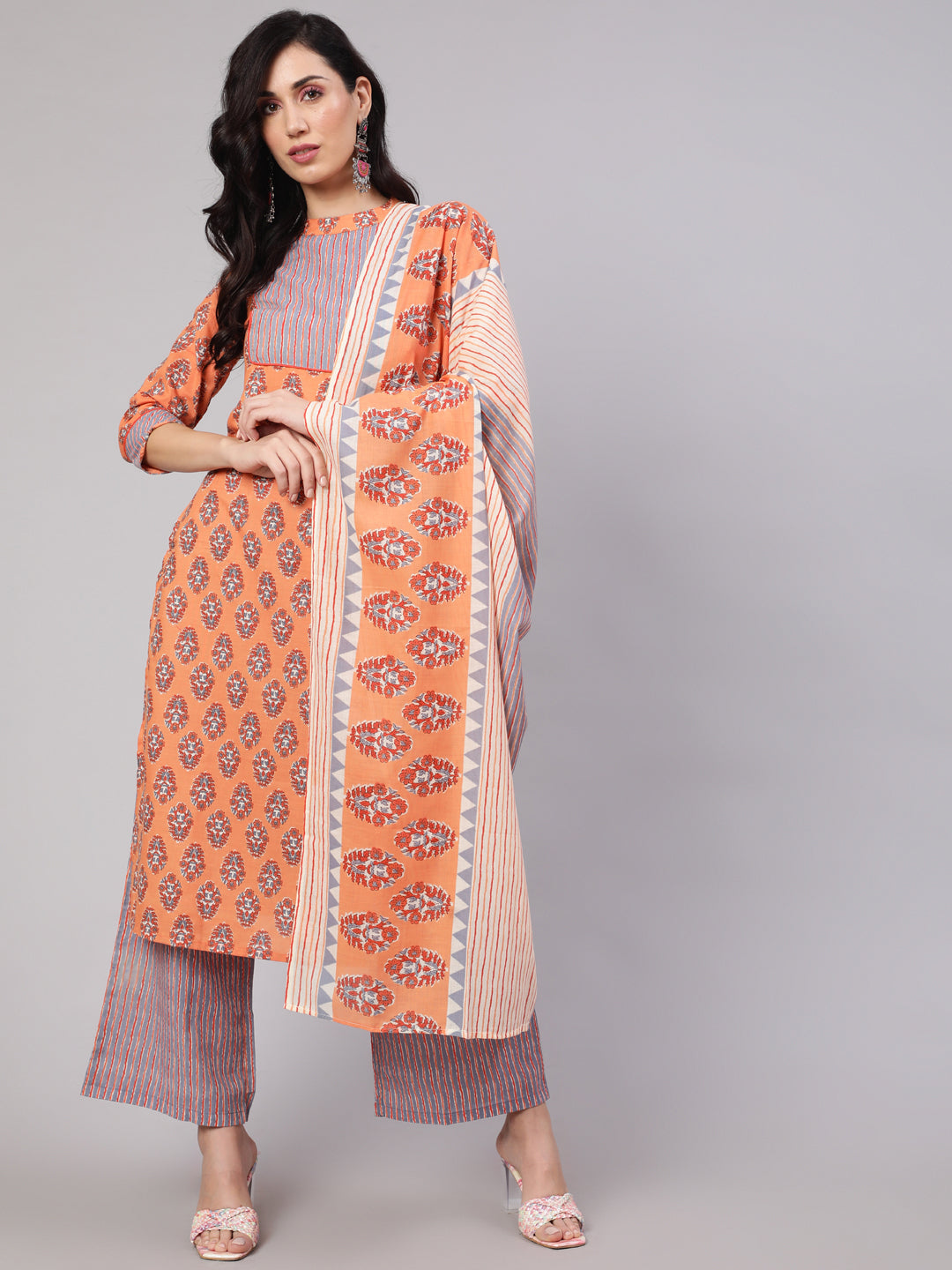 Peach Printed Kurta Palazzo With Dupatta