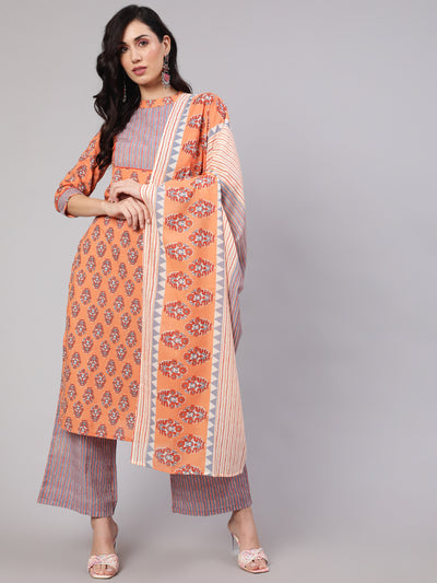 Peach Printed Kurta Palazzo With Dupatta