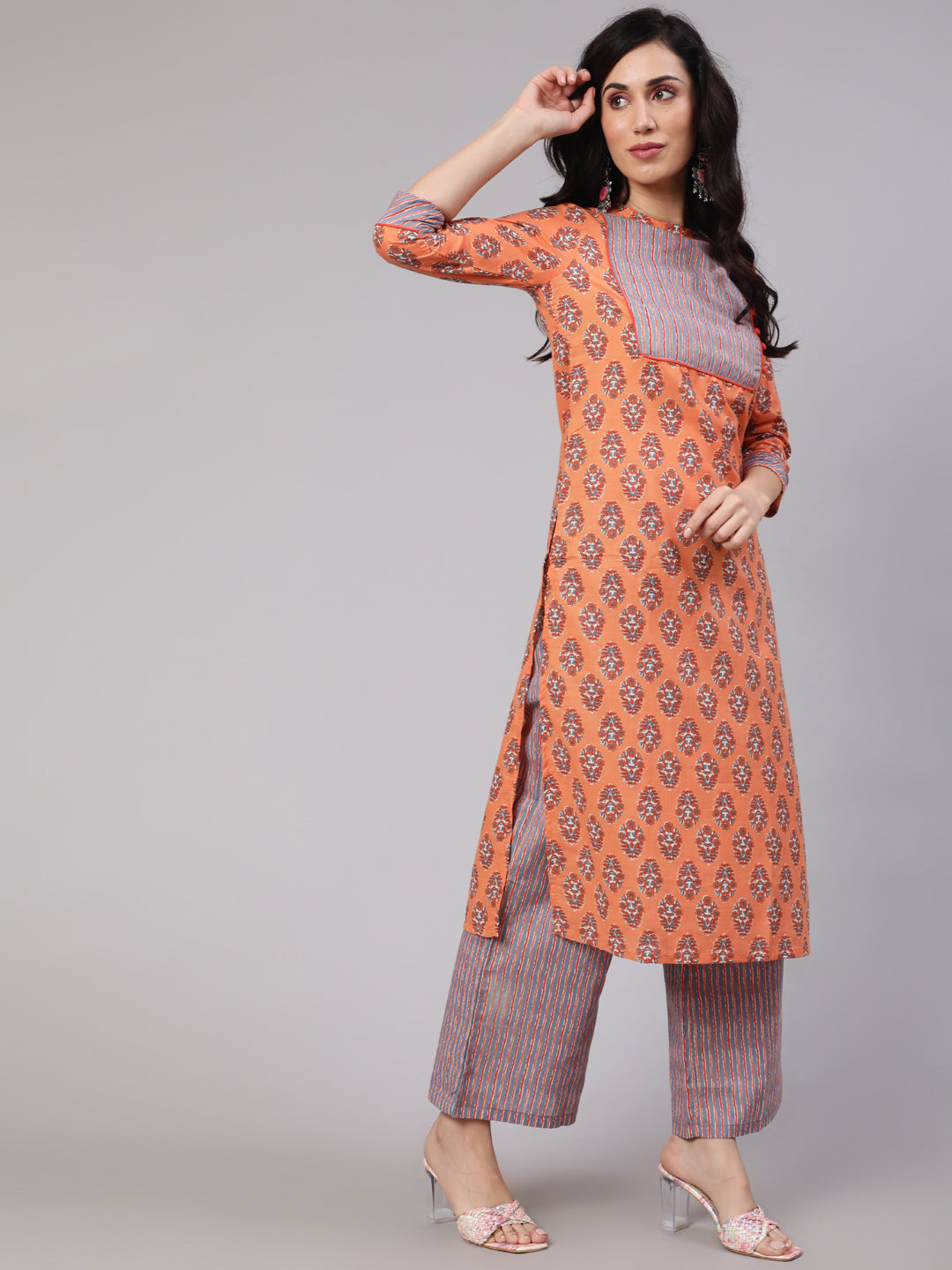 Peach Printed Kurta Palazzo With Dupatta
