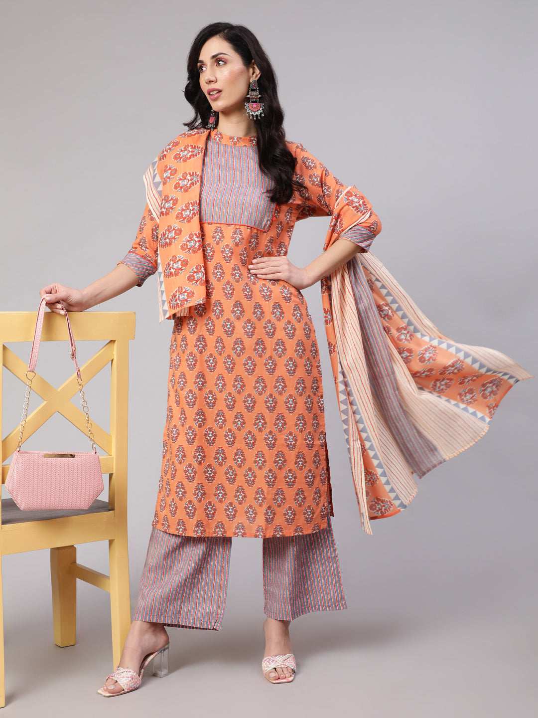 Peach Printed Kurta Palazzo With Dupatta