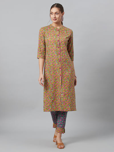 Mustard Floral Print Button Down Cotton Kurta Set