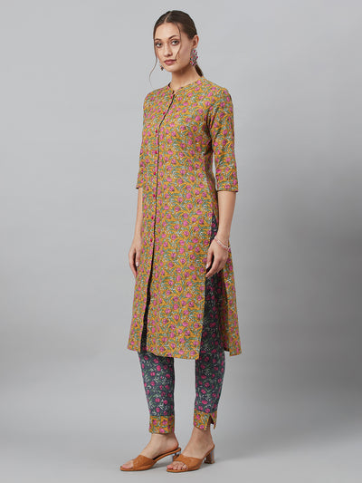 Mustard Floral Print Button Down Cotton Kurta Set