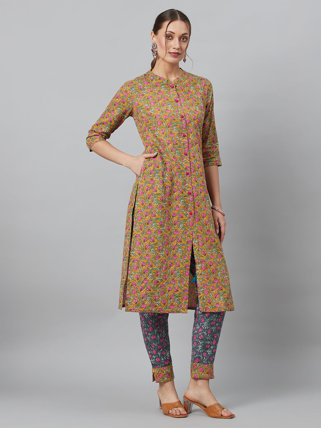 Mustard Floral Print Button Down Cotton Kurta Set