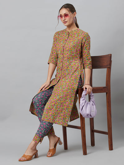 Mustard Floral Print Button Down Cotton Kurta Set