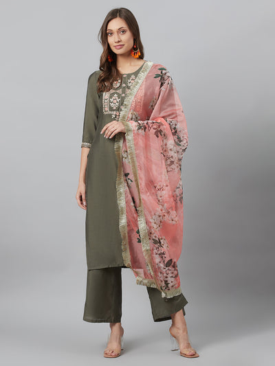 Grey Embroidered Kurta Palazzo With Dupatta