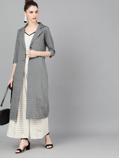 Grey Checked Roll Up Sleeves Long Jacket