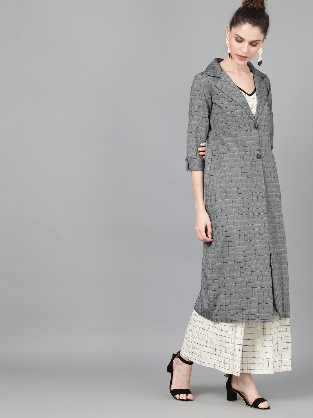 Grey Checked Roll Up Sleeves Long Jacket