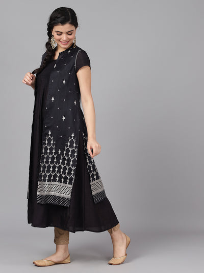 Black Printed Round-Neck A-Line Kurta