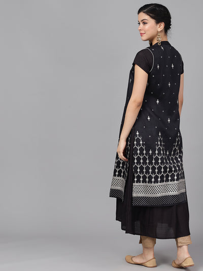 Black Printed Round-Neck A-Line Kurta