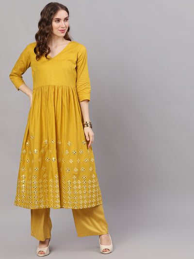 Yellow Embellished Flared Kurta