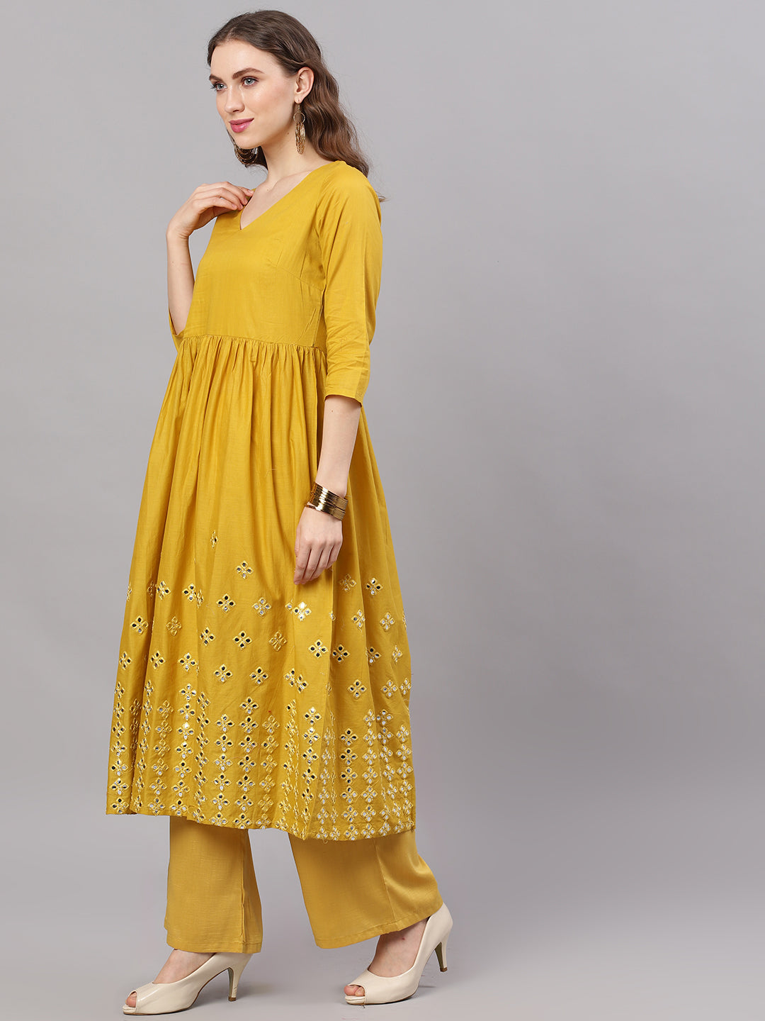 Yellow Embellished Flared Kurta