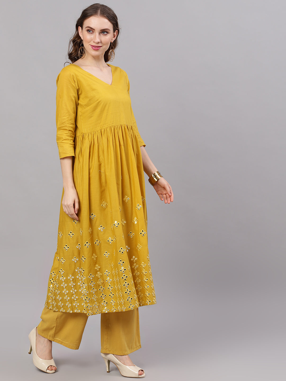 Yellow Embellished Flared Kurta