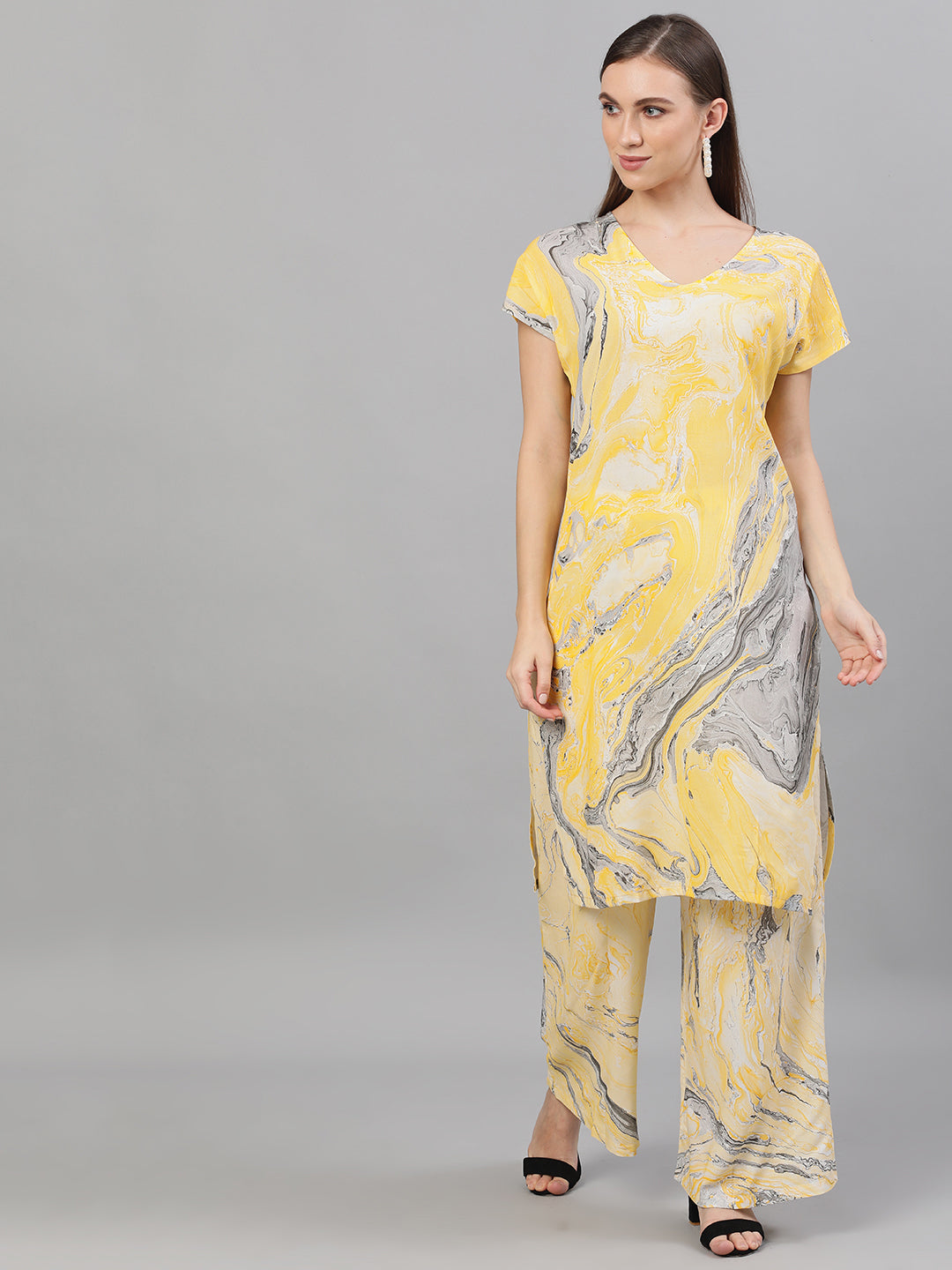 Yellow & Grey Marble Print Kurta